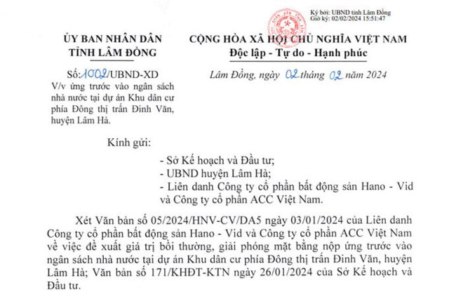 Văn bản của UBND tỉnh L&acirc;m Đồng về dự &aacute;n khu d&acirc;n cư ph&iacute;a Đ&ocirc;ng tại thị trấn Đinh Văn, huy&ecirc;n L&acirc;m H&agrave;