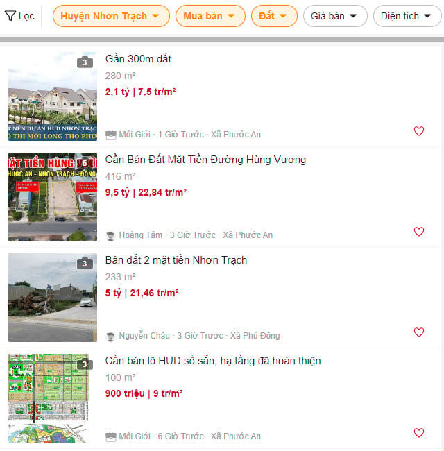 Tr&ecirc;n c&aacute;c website mua b&aacute;n bất động sản, đất tại Nhơn Trạch được ch&agrave;o b&aacute;n tấp nập