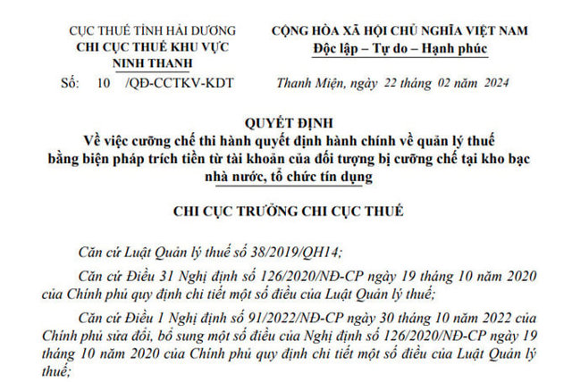Văn bản của Chi Cục thuế khu vực Ninh Thanh