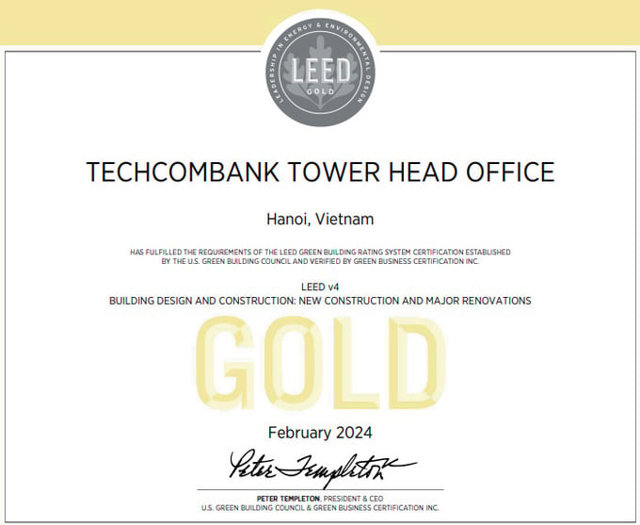 Hai tòa nhà hội sở Techcombank được trao chứng nhận quốc tế LEED GOLD về công trình xanh - Ảnh 1