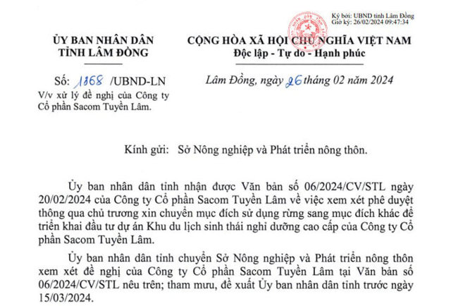 Văn bản do CTCP Sacom Tuyền L&acirc;m gửi UBND tỉnh L&acirc;m Đồng