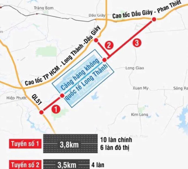 Sơ đồ tuyến T1 v&agrave; T2 nối s&acirc;n bay Long Th&agrave;nh v&agrave; cao tốc Bắc - Nam &nbsp;