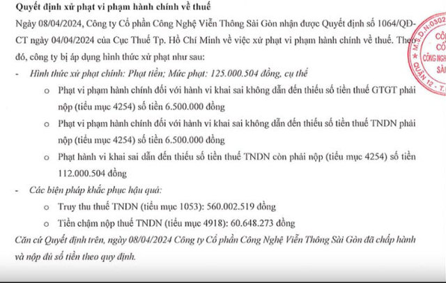 Saigontel bị phạt v&agrave; truy thu thuế 745 triệu đồng.