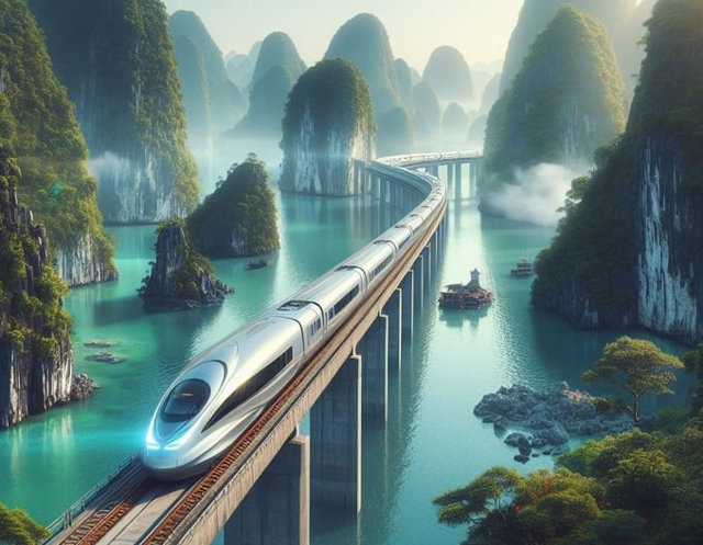 Tuyến đường sắt tốc độ cao L&agrave;o Cai - H&agrave; Nội - Hải Ph&ograve;ng - Quảng Ninh dự kiến tổng vốn l&agrave; 100.000 tỷ đồng. Ảnh: Minh họa bởi AI