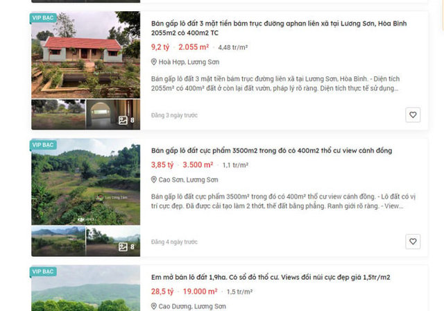Gi&aacute; đất tại huyện Lương Sơn tr&ecirc;n trang Batdongsan.com
