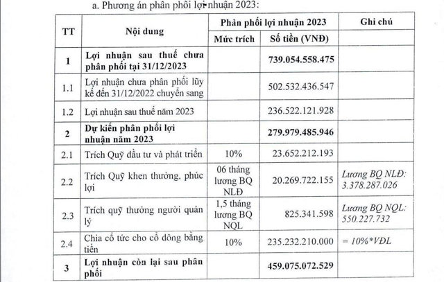 Phương án ph&acirc;n ph&ocirc;́i lợi nhu&acirc;̣n năm 2023 của HNA trong năm 2024. &nbsp;