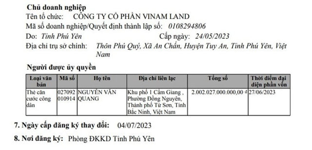 Chủ doanh nghiệp Vinam Land l&agrave; &ocirc;ng Nguyễn Văn Quang. Ảnh: Cổng th&ocirc;ng tin quốc gia về đăng k&yacute; doanh nghiệp