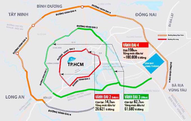 Sơ đồ dự &aacute;n V&agrave;nh đai 4 đi qua TP. HCM v&agrave; Long An, B&igrave;nh Dương, Đồng Nai v&agrave; B&agrave; Rịa - Vũng T&agrave;u