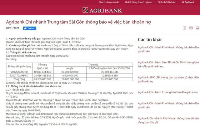 Agribank th&ocirc;ng b&aacute;o tr&ecirc;n trang web