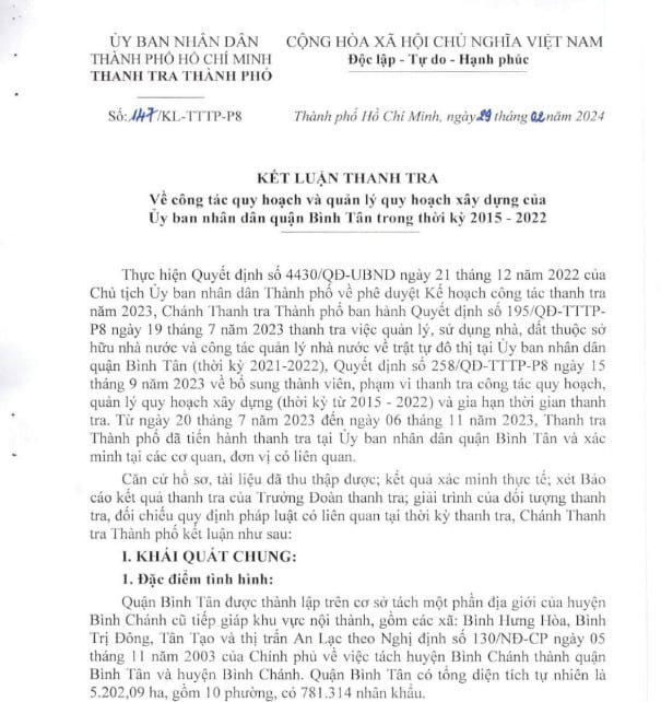 Thanh tra Tp.HCM kết luật về quy hoạch và quản lý xây dựng của quận Bình Tân - Ảnh 1