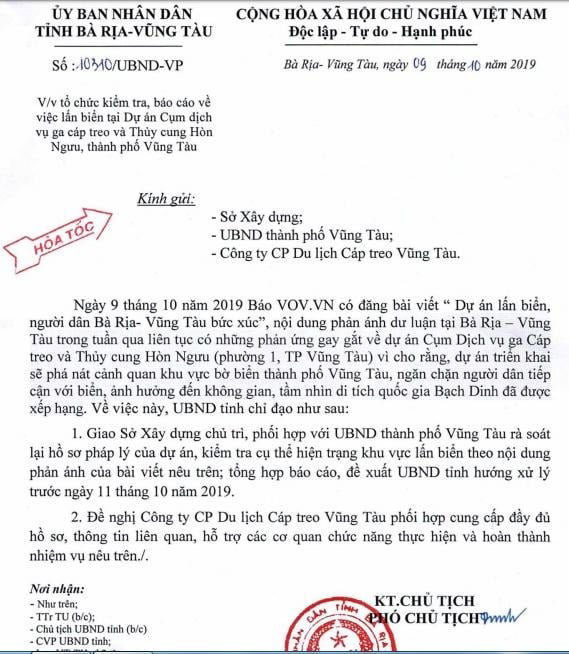 Văn bản y&ecirc;u cầu r&agrave; so&aacute;t dự &aacute;n của UBND tỉnh B&agrave; Rịa - Vũng T&agrave;u. Nguồn: CTT ĐT tỉnh B&agrave; Rịa - Vũng T&agrave;u