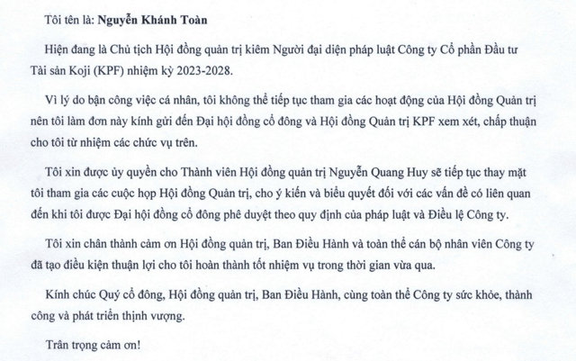 Nội dung đơn từ nhiệm của Chủ tịch Koji Nguyễn Kh&aacute;nh To&agrave;n