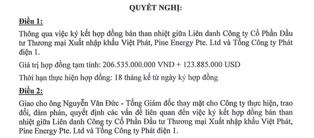 Việt Ph&aacute;t v&agrave; li&ecirc;n danh vừa k&yacute; th&ecirc;m hợp đồng cung cấp than nhiệt trị gi&aacute; khoảng 3.332,6 tỷ đồng