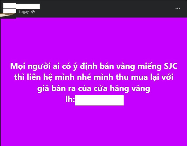 Một b&agrave;i đăng thu mua v&agrave;ng miếng c&ocirc;ng khai tr&ecirc;n Facebook.