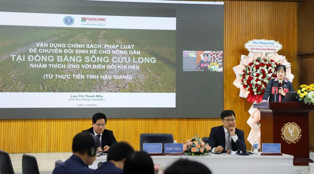 CEO Lưu Thị Thanh Mẫu tr&igrave;nh b&agrave;y tham luận tại Hội thảo khoa học quốc tế &ldquo;Ph&aacute;t triển bền vững tiểu v&ugrave;ng s&ocirc;ng Mekong&rdquo;
