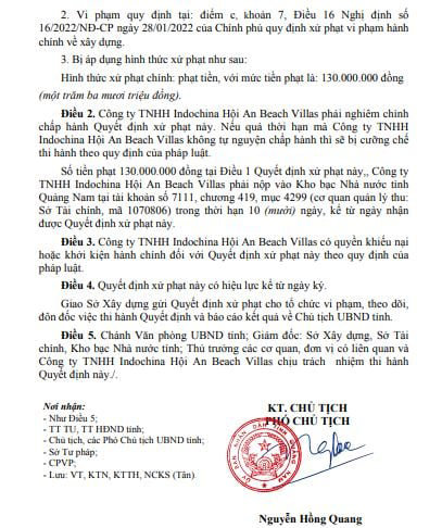 Văn bản xử phạt chủ đầu tư dự &aacute;n Malibu của UBND tỉnh Quảng Nam năm 2022