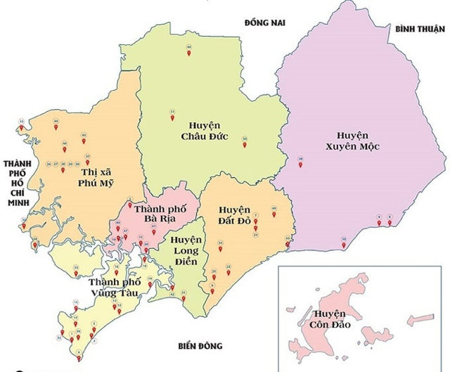 Bản đồ đơn vị h&agrave;nh ch&iacute;nh hiện tại của tỉnh B&agrave; Rịa - Vũng T&agrave;u. Ảnh: Internet