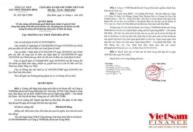 Quyết định cưỡng chế th&aacute;ng 4/2023 đối với C&ocirc;ng ty TNHH Khu đ&ocirc; thị mới Trung Minh