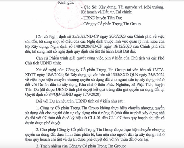 Văn bản chỉ đạo của UBND tỉnh Bắc Ninh y&ecirc;u cầu Trọng T&iacute;n Group tu&acirc;n thủ ph&aacute;p luật trong đầu tư x&acirc;y dựng &nbsp;