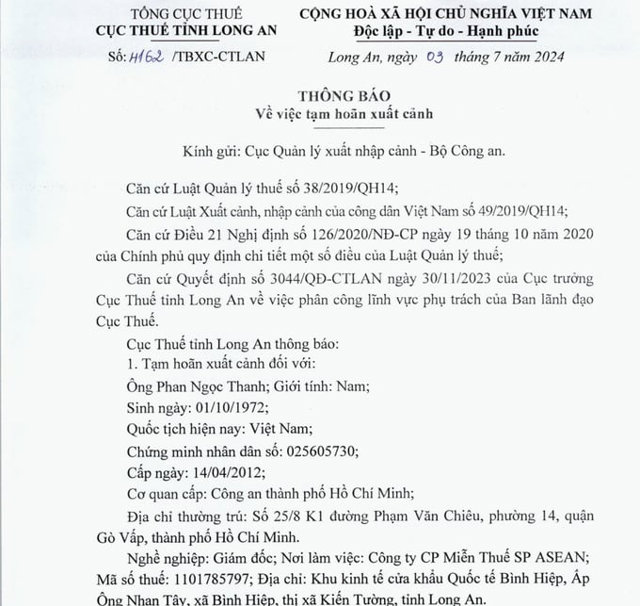 Th&ocirc;ng b&aacute;o về việc tạm ho&atilde;n xuất cảnh đối &ocirc;ng Phan Ngọc Thanh - Gi&aacute;m đốc C&ocirc;ng ty Cổ phần Miễn Thuế SP ASEAN. &nbsp;