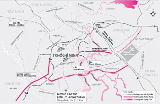 Sơ đồ hướng tuyến cao tốc Bến Lức - Long Th&agrave;nh. Ảnh: Internet