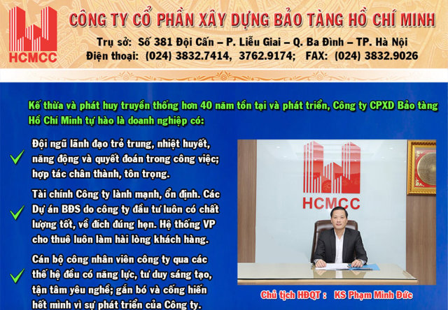 Chủ tịch HĐQT C&ocirc;ng ty cổ phần X&acirc;y dựng Bảo t&agrave;ng Hồ Ch&iacute; Minh l&agrave; Phạm Minh Đức