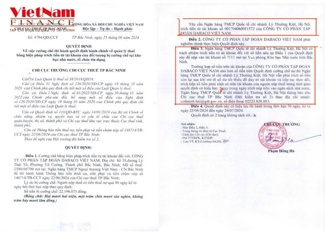 Bị cưỡng chế thuế 22 triệu, NH không trích tiền mà Dabaco tự đi nộp? - Ảnh 1
