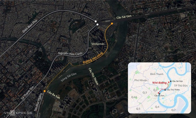 Vị tr&iacute; đoạn đường ven s&ocirc;ng S&agrave;i G&ograve;n được đề xuất ưu ti&ecirc;n đầu tư. Ảnh: Hiếu Kh&aacute;nh