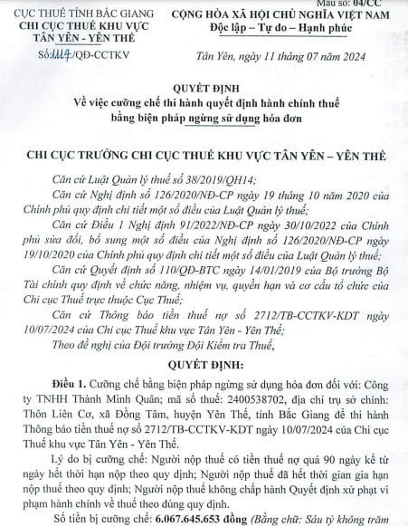 C&ocirc;ng ty TNHH Th&agrave;nh Minh Qu&acirc;n bị cưỡng chế ngừng sử dụng h&oacute;a đơn do nợ thuế hơn 6 tỷ đồng.