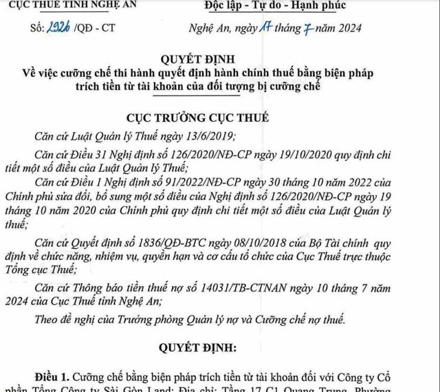 Quyết định về việc cưỡng chế thuế đối với C&ocirc;ng ty CP Tổng c&ocirc;ng ty S&agrave;i G&ograve;n Land.