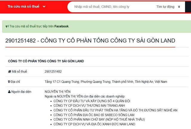 Ngo&agrave;i người đại diện ph&aacute;p luật cho S&agrave;i G&ograve;n Land, b&agrave; Nguyễn Thị Yến c&ograve;n l&agrave;m đại diện cho loạt DN kh&aacute;c (Ảnh chụp m&agrave;n h&igrave;nh tra cứu m&atilde; số thuế)