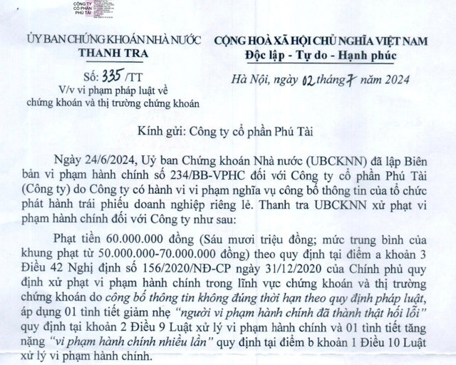 C&ocirc;ng ty cổ phần Ph&uacute; t&agrave;i vi phạm chứng kho&aacute;n