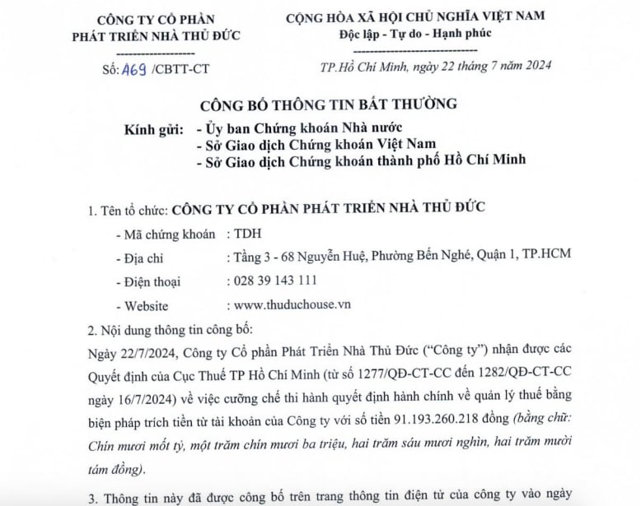 CTCP Ph&aacute;t triển Nh&agrave; Thủ Đức lại bị cưỡng chế gần 91,2 tỷ đồng tiền thuế&nbsp; &nbsp;