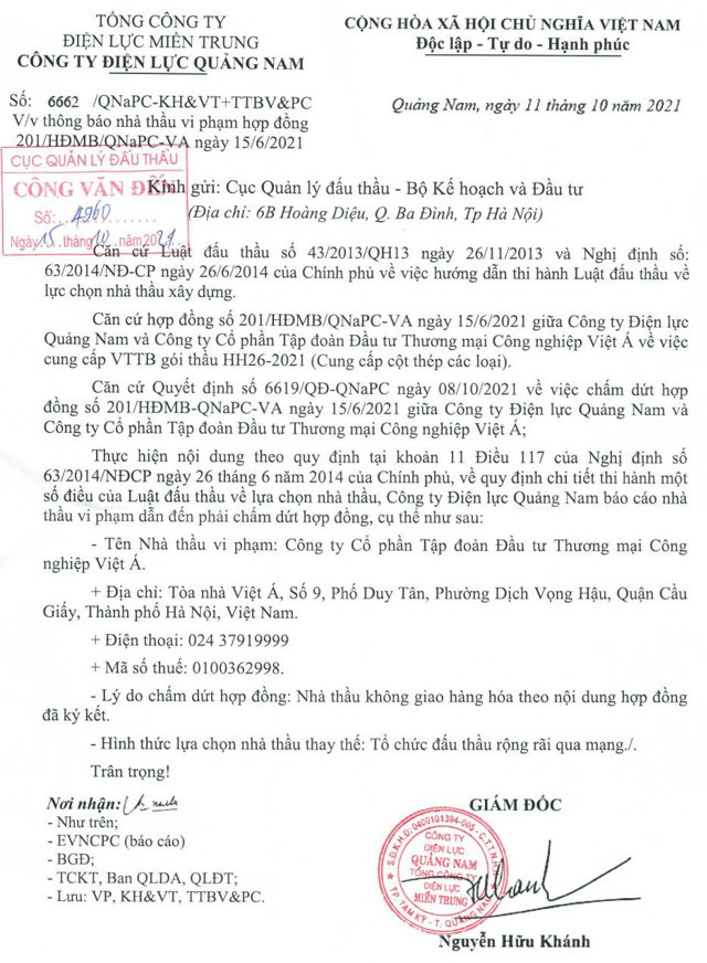 Văn bản C&ocirc;ng ty Điện lực Quảng Nam chấm dứt hợp đồng với C&ocirc;ng ty cổ phần Tập đo&agrave;n Đầu tư Thương mại C&ocirc;ng nghiệp Việt &Aacute;