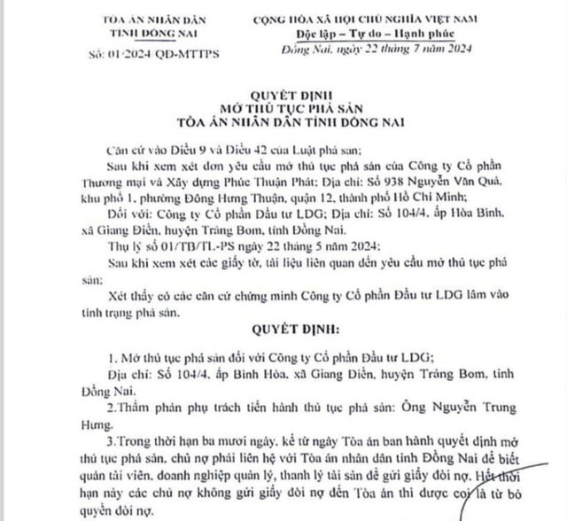 Quyết định của T&ograve;a &aacute;n Nh&acirc;n d&acirc;n tỉnh Đồng Nai về việc mở thủ tục ph&aacute; sản đối với C&ocirc;ng ty Cổ phần Đầu tư LDG. &nbsp;