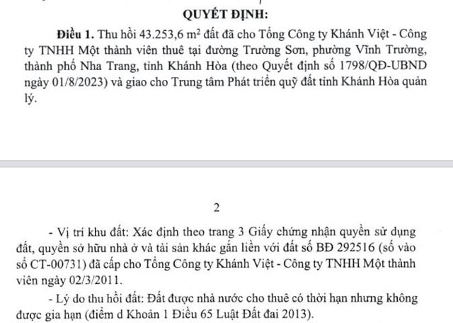 Tr&iacute;ch Quyết định thu hồi đất của UBND tỉnh Kh&aacute;nh Ho&agrave;. Nguồn: C&ocirc;ng b&aacute;o Kh&aacute;nh Ho&agrave; &nbsp;