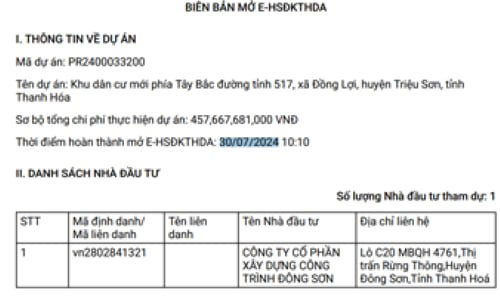 C&ocirc;ng ty CP x&acirc;y dựng c&ocirc;ng tr&igrave;nh Đ&ocirc;ng Sơn la nh&agrave; đầu tư duy nhất nộp hồ sơ đăng k&yacute; thưc hiện dự &aacute;n. &nbsp;