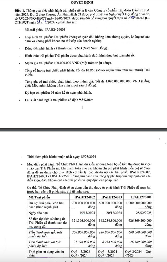 Quyết định ph&aacute;t h&agrave;nh tr&aacute;i phiếu của&nbsp;Tập đo&agrave;n Đầu tư I.P.A