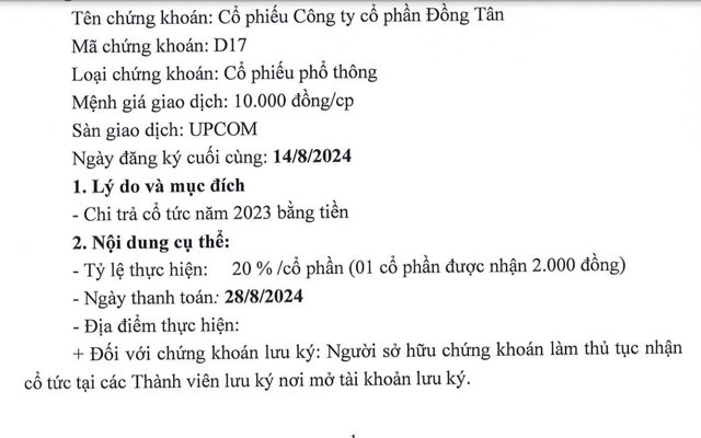 Th&ocirc;ng b&aacute;o chốt danh s&aacute;ch trả cổ tức năm 2023 với tỷ lệ 20% bằng tiền