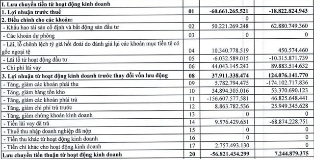 Lưu chuyển tiền từ hoạt động kinh doanh của doanh nghiệp ghi nhận con số &acirc;m 114 tỷ đồng. &nbsp;