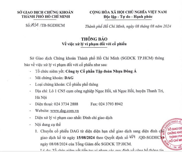 Cổ phiếu DAG v&agrave;o diện xử l&yacute; vi phạm cao nhất l&agrave; đ&igrave;nh chỉ giao dịch v&agrave;o ng&agrave;y 15/8/2024.