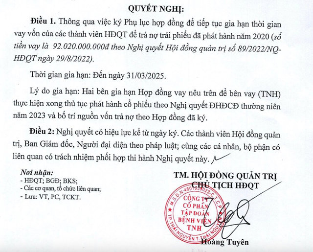 Nghị quyết th&ocirc;ng qua việc&nbsp;gia hạn thời gian vay vốn c&aacute;c th&agrave;nh vi&ecirc;n HĐQT với số tiền 92 tỷ đồng.