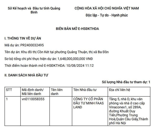 Dự &aacute;n KĐT Cồn K&eacute;t duy nhất C&ocirc;ng ty cổ phần Đầu tư Minh Faas Land đăng k&yacute; thực hiện.