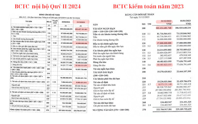 Số liệu b&aacute;o c&aacute;o t&agrave;i ch&iacute;nh Qu&yacute; 2/2024 c&ocirc;ng ty tự lập kh&ocirc;ng dẫn chiếu theo b&aacute;o c&aacute;o t&agrave;i ch&iacute;nh kiểm to&aacute;n năm 2023 đ&atilde; được kiểm to&aacute;n. &nbsp;