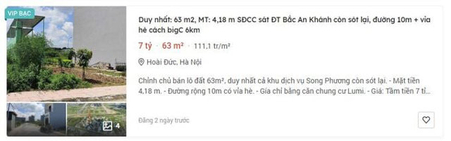 Một l&ocirc; đất ở khu vực V&acirc;n Canh, s&aacute;t V&agrave;nh đai 3,5 hiện cũng đang được rao b&aacute;n 110,42tr/m2.