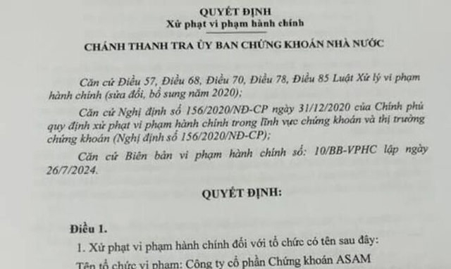 Ủy ban Chứng kho&aacute;n Nh&agrave; nước đ&atilde; ban h&agrave;nh Quyết định xử phạt h&agrave;nh ch&iacute;nh đối với C&ocirc;ng ty Cổ phần Chứng kho&aacute;n ASAM. &nbsp;