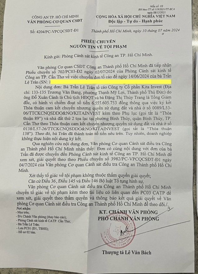Đơn của b&agrave; Tr&acirc;n đ&atilde; được gửi đến Ph&ograve;ng Cảnh s&aacute;t kinh tế để điều tra tiếp (Ảnh: Tạp ch&iacute; doanh nghiệp v&agrave; thương hiệu n&ocirc;ng th&ocirc;n) &nbsp;