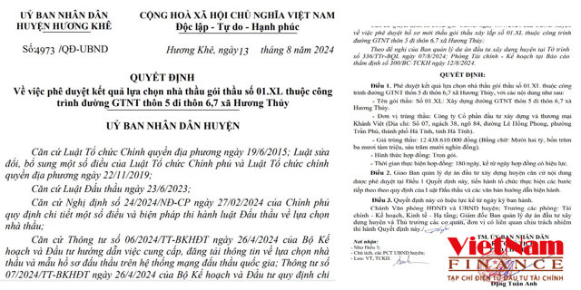 Một quyết định ph&ecirc; duyệt kết quả lựa chọn nh&agrave; thầu UBND huyện Hương Kh&ecirc; vừa k&yacute; ban h&agrave;nh ch&ocirc; C&ocirc;ng ty Kh&aacute;nh Việt