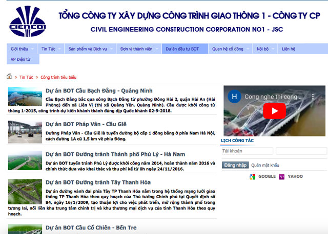 Theo giới thiệu tr&ecirc;n website,&nbsp;Tổng c&ocirc;ng ty X&acirc;y dựng c&ocirc;ng tr&igrave;nh Giao th&ocirc;ng 1 &ndash; CTCP (CIENCO1) l&agrave; nh&agrave; thầu li&ecirc;n danh thực hiện nhiều dự &aacute;n BOT tr&ecirc;n cả nước