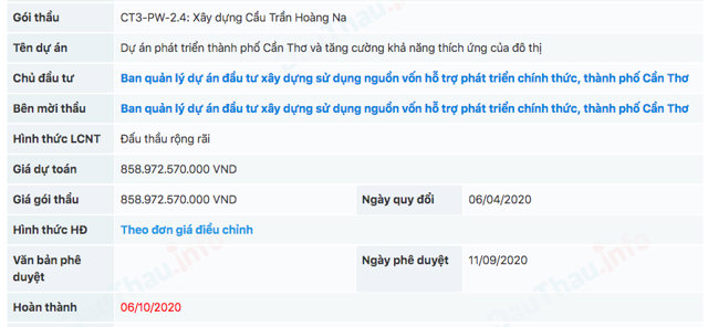 G&oacute;i thầu x&acirc;y dựng cầu Trần Ho&agrave;ng Na c&oacute; gi&aacute; g&oacute;i thầu hơn 858,97 tỷ đồng